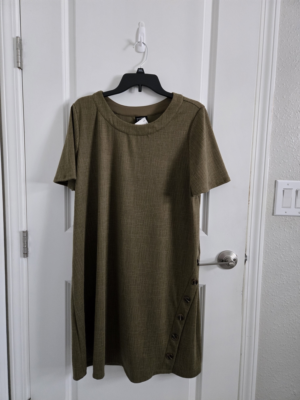 Olive Short-Sleeve Shift Dress with Side Button Detail